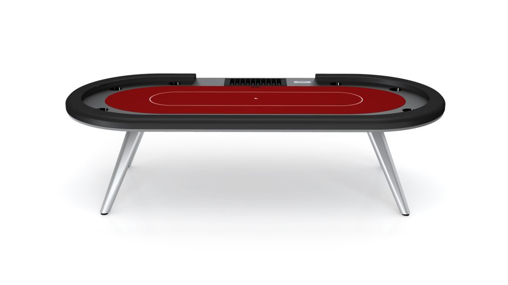 Discover the Hamptons Oval Poker Table, a modern gem with red felt, black trim, and silver legs. Its oval design includes cup holders and chip trays, all set against a minimalistic white background.