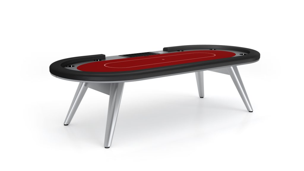 The Hamptons Oval Poker Table boasts a red felt surface with sleek black accents. Its modern design features sturdy, angled legs, making it an elegant centerpiece for any gaming room.