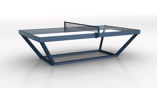 The Vitro Ping Pong Table is a modern blue metal table with angled legs and a wire net, shown against a plain white background.