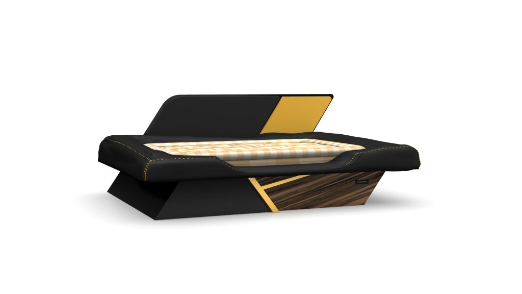 Meet the Macan Dog Bed: a stylish pet retreat with a black and yellow plaid-patterned mattress. Its base showcases geometric black and wooden panels, perfectly balancing style and comfort for your furry companion.