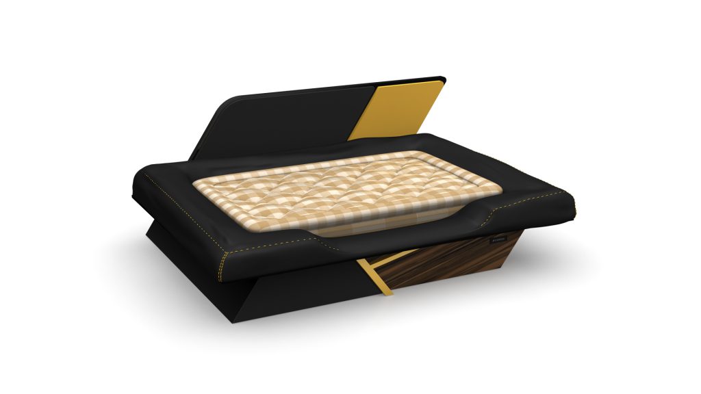 Experience the sophistication of a luxury Macan Dog Bed, seamlessly blending exquisite detailing with plush, padded edges and elegant gold and black design accents for the ultimate refined experience.