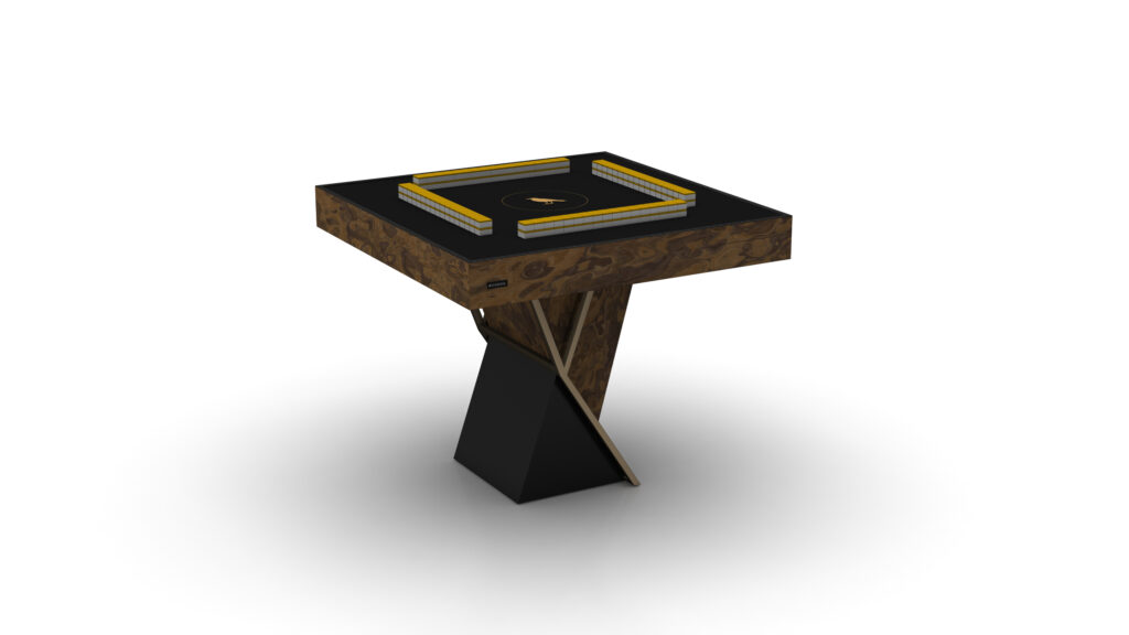The Theseus Mahjong Table is a modern, artistic table with a square top featuring black, yellow, and orange geometric patterns. Its base has an irregular angular design made from wood and black material. It exudes luxury game table allure against a plain white background.