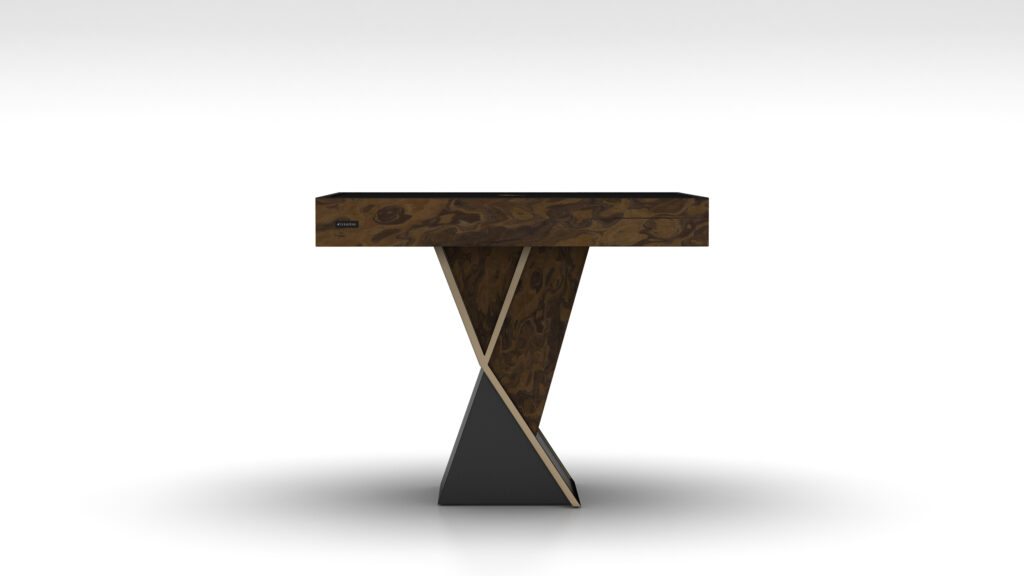 The Theseus Mahjong Table sports a geometric wooden tabletop supported by intersecting, twisting legs. Its dark brown luxury finish with visible grain patterns offers the sophistication of exclusive game tables against a plain white background.