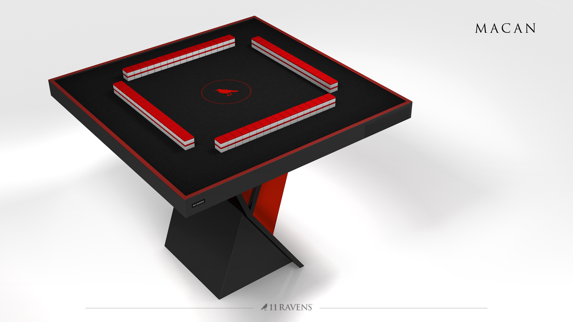 The Macan Mahjong Table features a modern black and red design, a geometric base, four sets of stacked mahjong tiles, and is labeled 