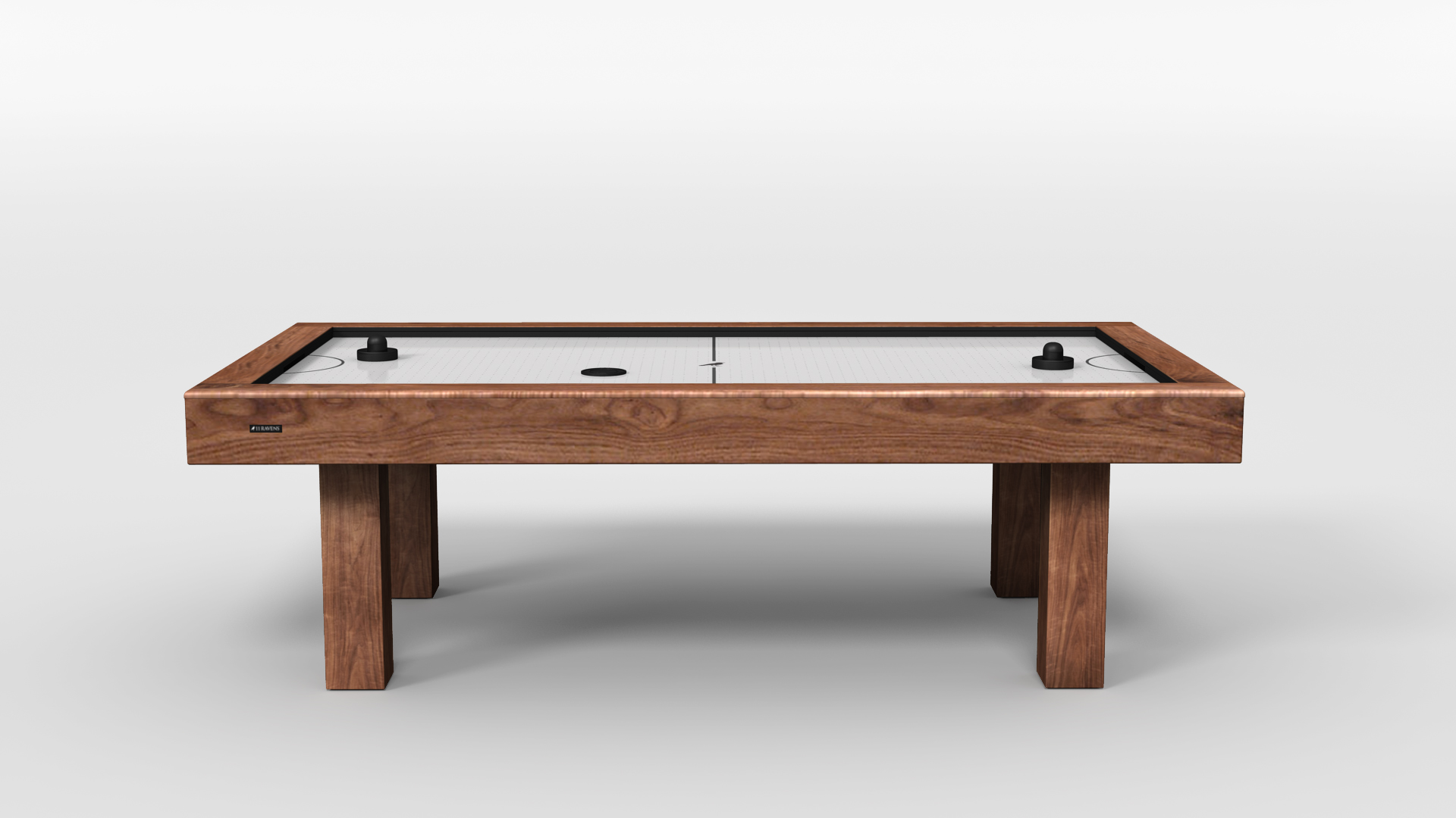 The Malibu Air Hockey Table features a wooden frame, sleek white playing surface, two black paddles, a puck, and four sturdy legs against a plain white background.