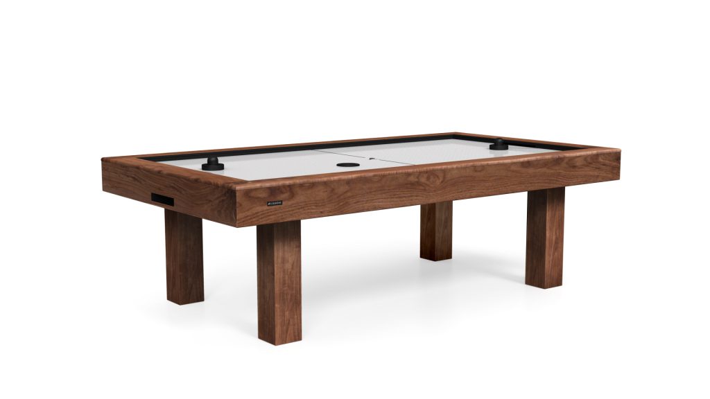 The Malibu Air Hockey Table is a wooden high-end design featuring a smooth playing surface, complete with two black paddles. It stands on four sturdy wooden legs against a plain white backdrop.