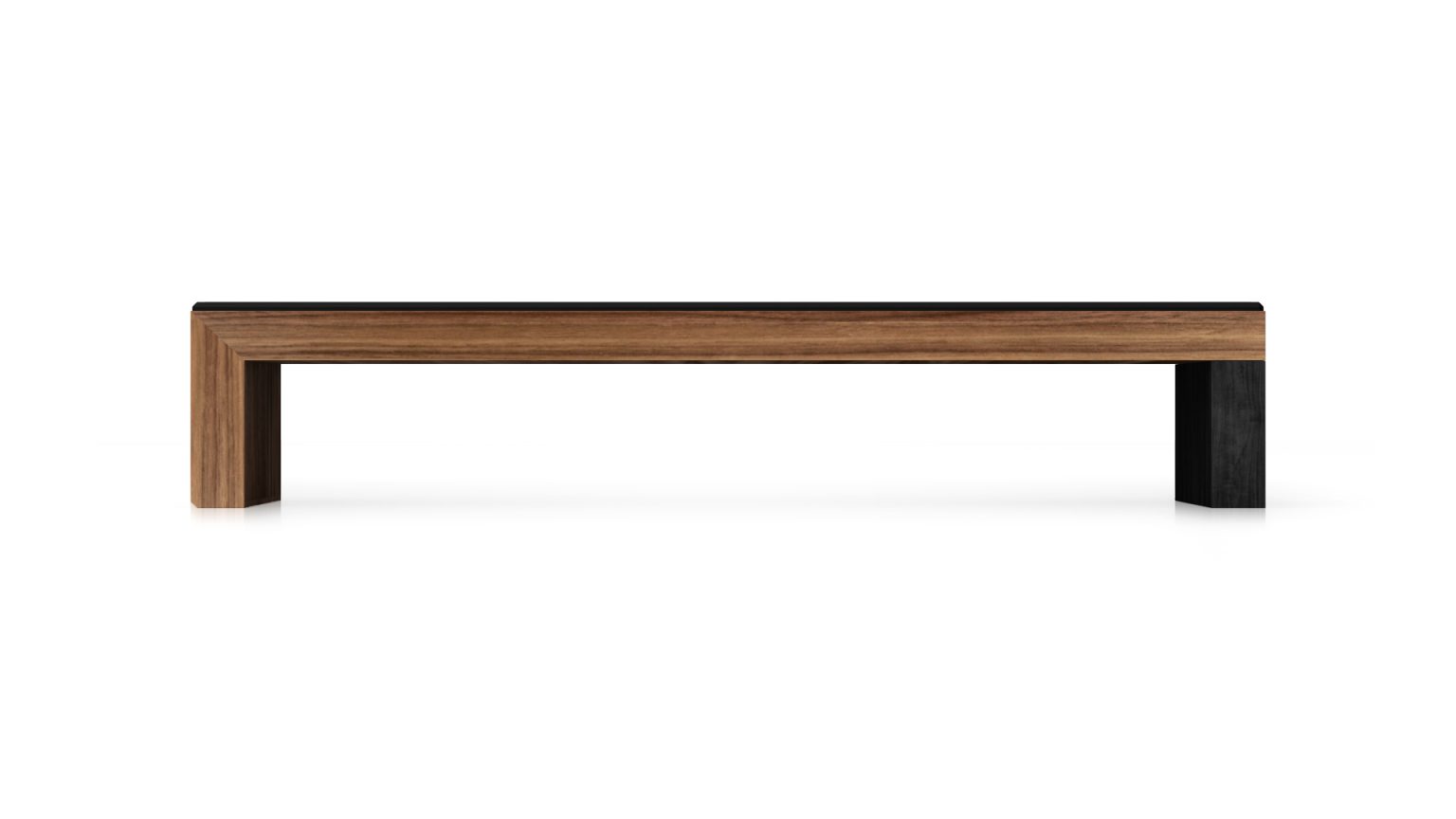 Introducing the Malibu Bench, a minimalist wooden masterpiece with a natural finish. Supported by two solid legs at each end crafted from a single piece of wood, its sleek design stands elegantly against a plain white backdrop.