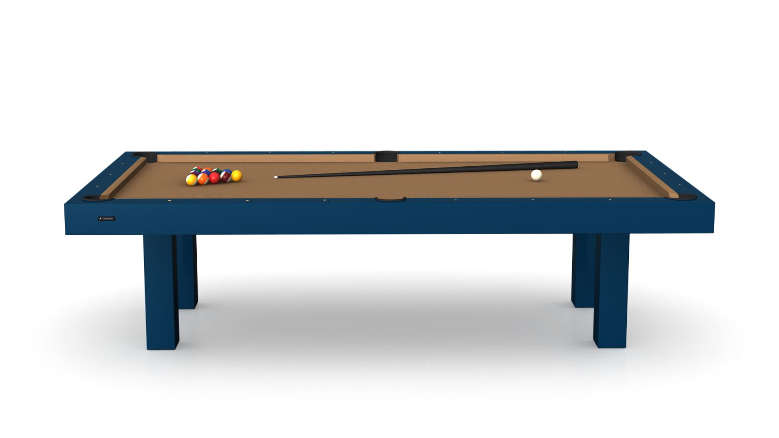 The Malibu Pool Table, featuring a blue finish and brown surface, displays a racked set of billiard balls, a cue stick, and a white cue ball ready for play. Its set against a pristine white background in a clean and minimalistic style.