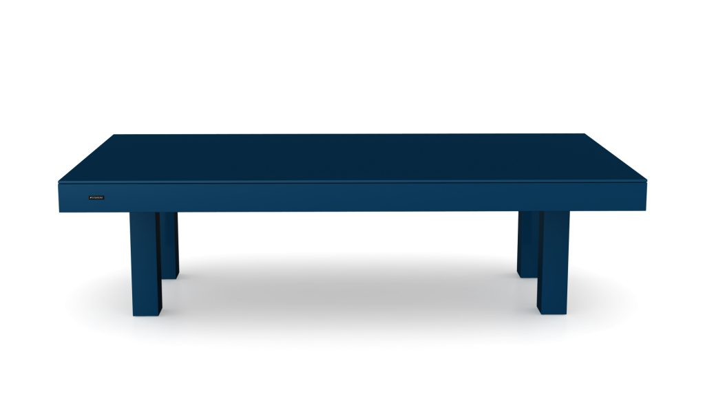 The Malibu Convertible Pool/Dining/Ping Pong Table is a luxurious, minimalist blue piece with four sturdy legs on a white background. It boasts sleek lines and seamlessly transforms between tables without visible pockets or markings.