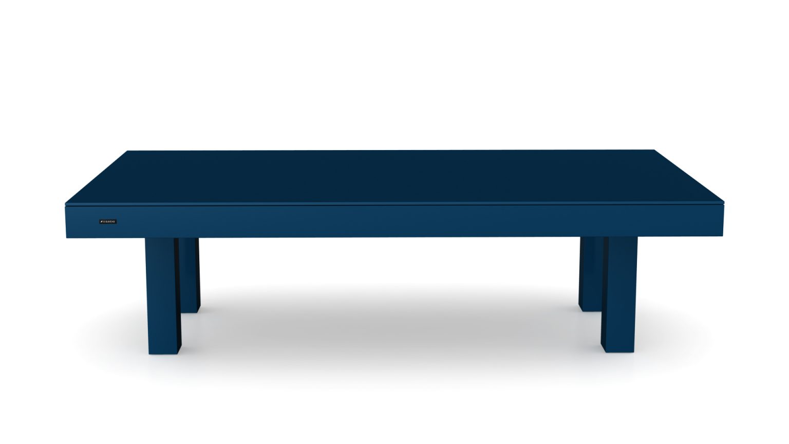 The Malibu Convertible Pool/Dining/Ping Pong Table is a luxurious, minimalist blue piece with four sturdy legs on a white background. It boasts sleek lines and seamlessly transforms between tables without visible pockets or markings.