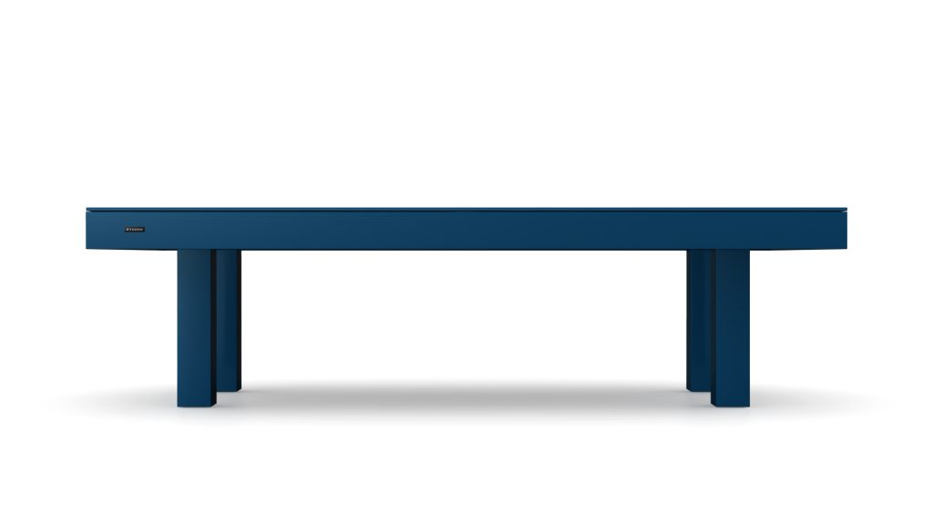 A sleek Malibu Convertible Table, featuring a bold blue finish and four sturdy legs, exudes elegance against a plain white background.