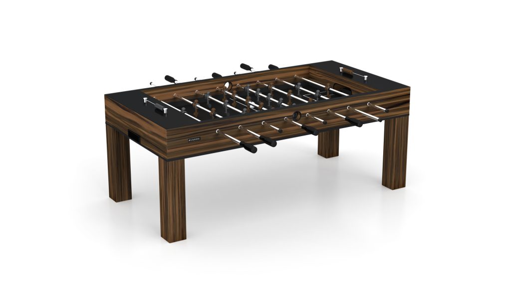 The Malibu Foosball Table features a sleek black top and elegant wooden legs, complemented by chrome rods and black handles against a crisp white backdrop, offering a modern touch to elevate any space.
