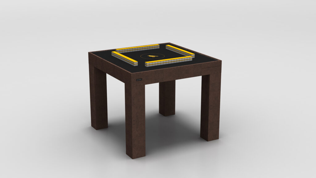 The Theseus Mahjong Table features a modern square design with a sleek black surface and a geometric yellow and black center. This luxury game tables minimalist, contemporary style and sturdy legs make it perfect for elevating any rooms aesthetic against a plain white background.