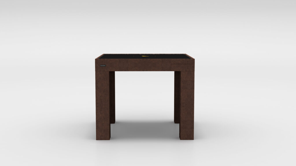 The Theseus Mahjong Table is a modern, minimalist brown table with four sturdy legs and a sleek black tabletop, evoking the essence of luxury game tables. Its simplistic yet sophisticated design is set against a plain white background.