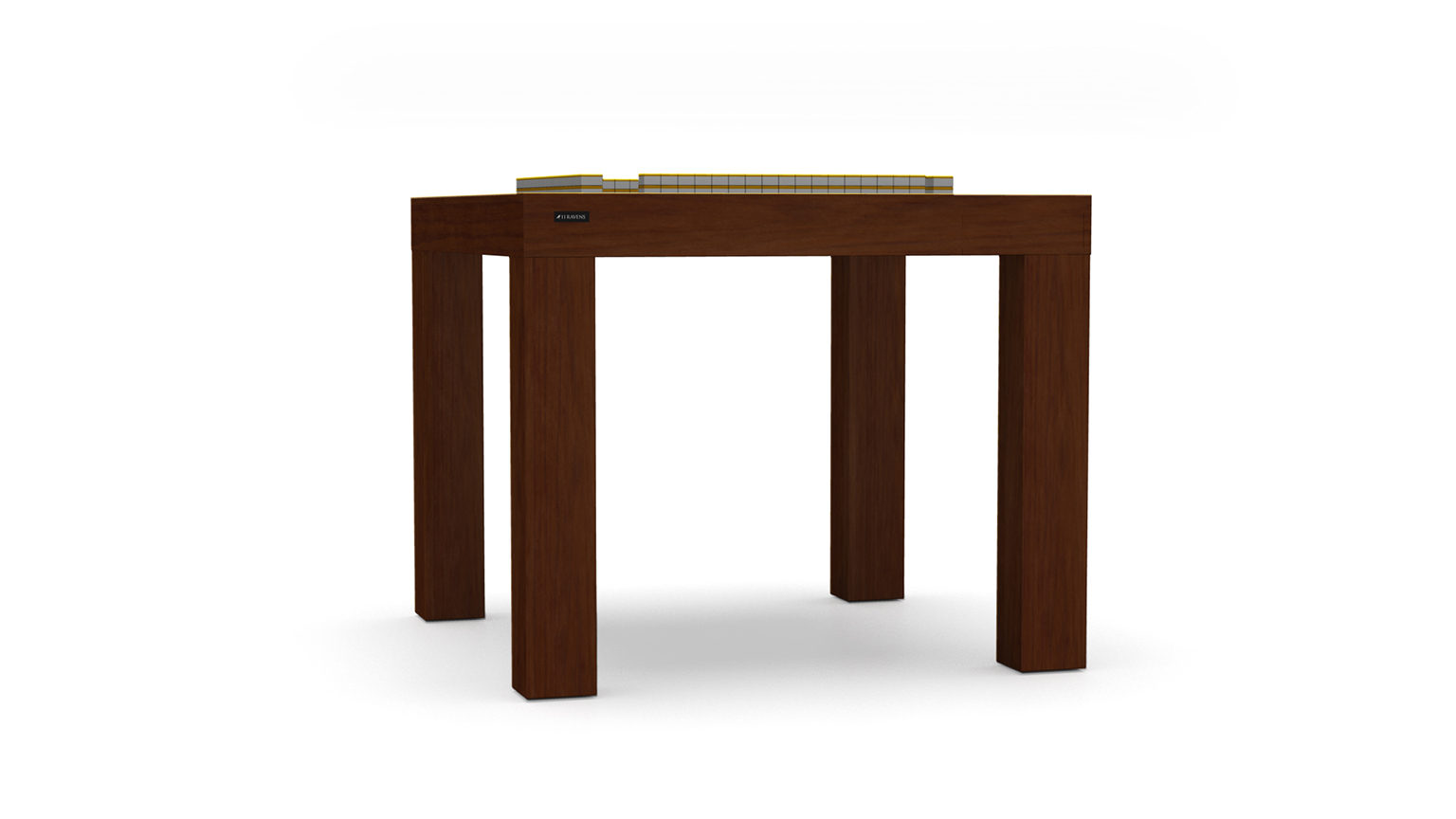 The Malibu Mahjong Table features a simple, modern design with four sturdy legs, a flat surface, and an elevated rectangular grid along one edge, blending elegance and function reminiscent of luxury style.