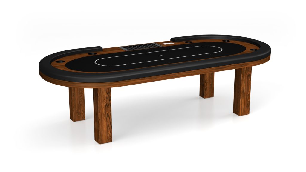 The Malibu Oval Poker Table boasts a wooden frame and rich green felt surface. It includes cup holders and a dedicated dealer area, all set against a plain white background, epitomizing sophistication.