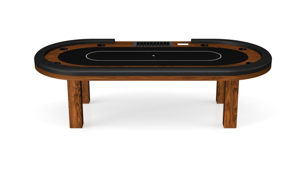The Malibu Oval Poker Table boasts a sophisticated black felt surface and elegant wooden frame, featuring marked player positions and a convenient card slot, all set against a white background for an elevated gaming experience.