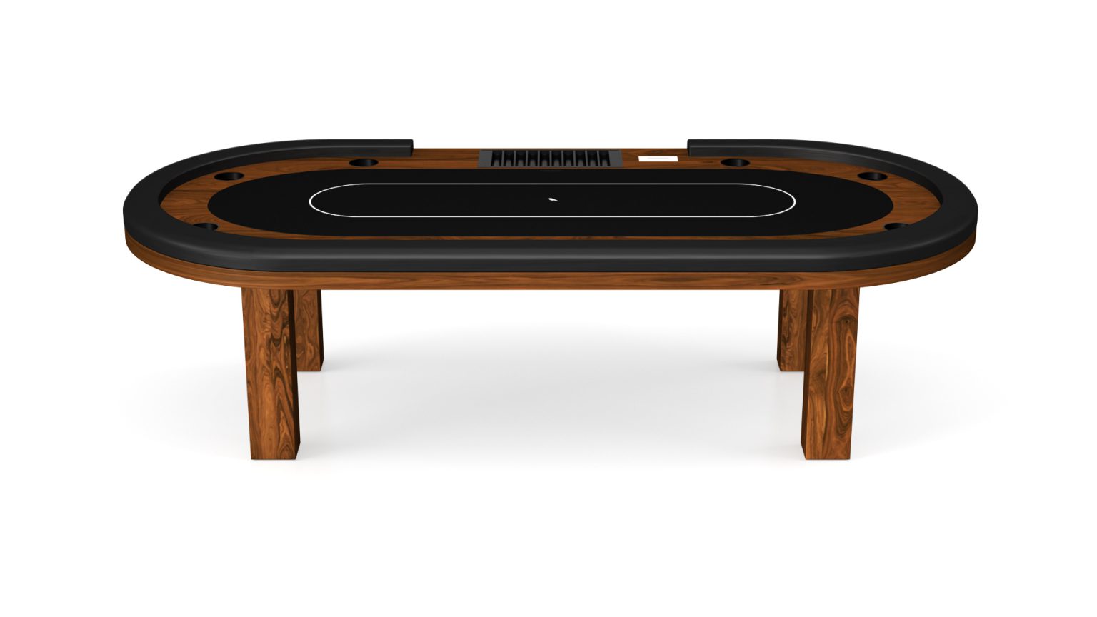 The Malibu Oval Poker Table boasts a sophisticated black felt surface and elegant wooden frame, featuring marked player positions and a convenient card slot, all set against a white background for an elevated gaming experience.