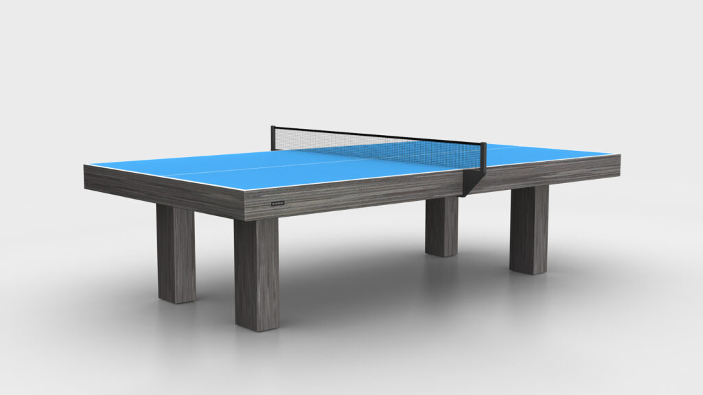 The Malibu Ping Pong Table features a blue playing surface, black net, and thick gray wooden legs, displayed against a plain white background.