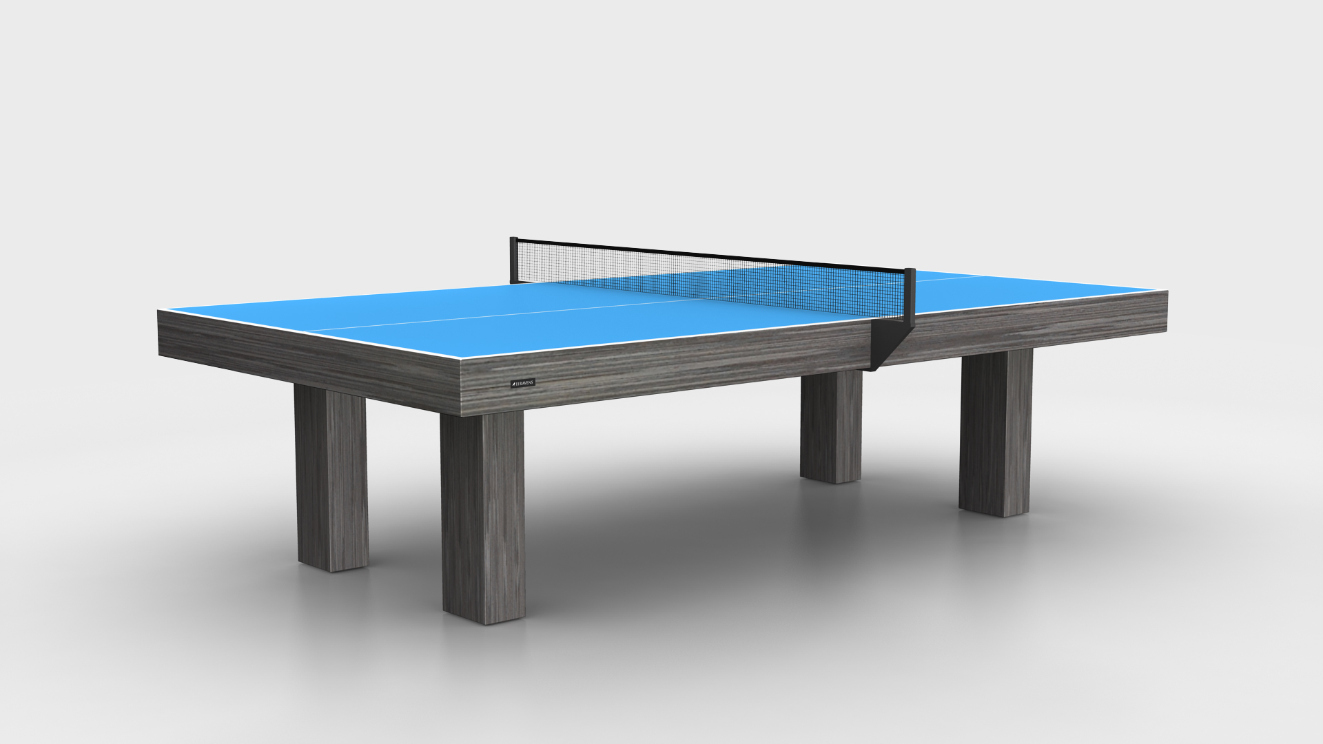 The Malibu Ping Pong Table features a blue playing surface, black net, and thick gray wooden legs, displayed against a plain white background.