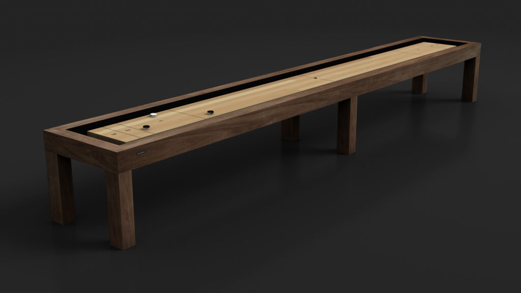 The Malibu Shuffleboard Table features a long, light wood playing surface with a dark wooden frame and legs, topped with shuffleboard pucks and set against a dark background.