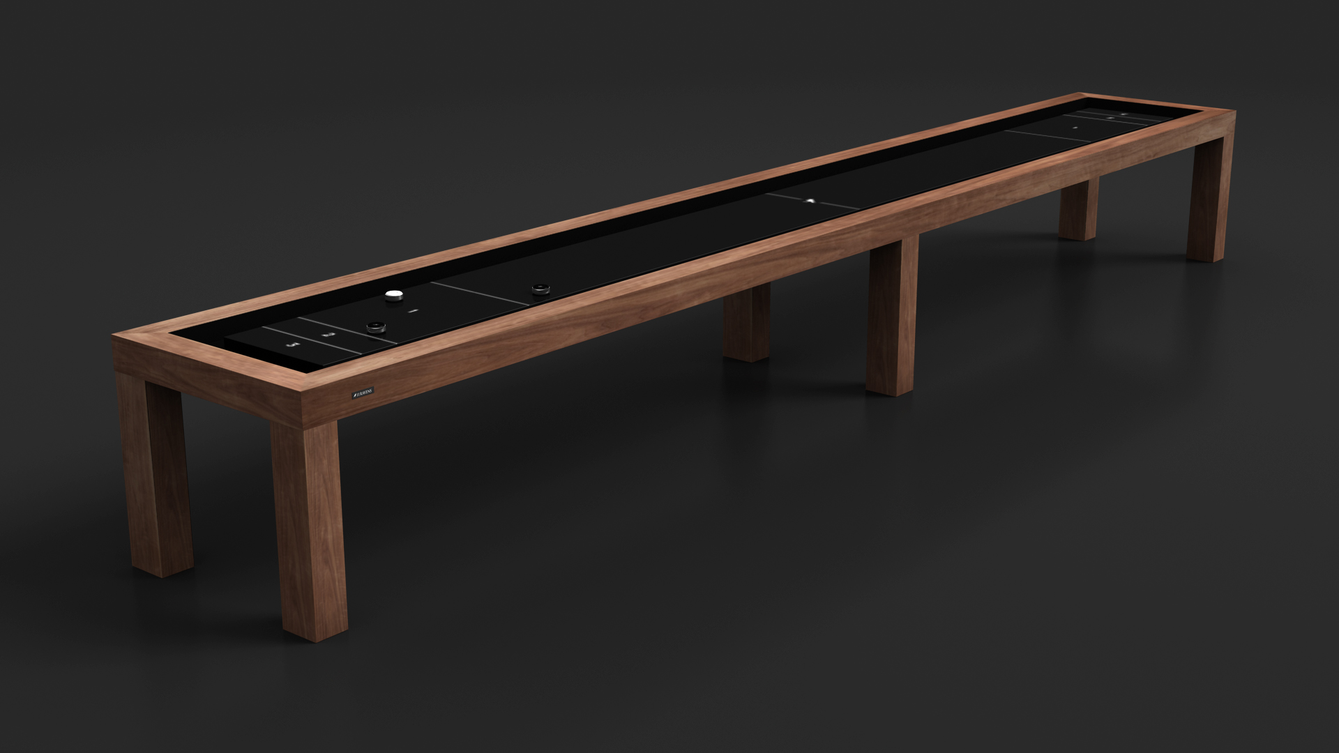 A rectangular Malibu Shuffleboard Table featuring a sleek black playing surface and wooden frame and legs, displayed against a dark background.