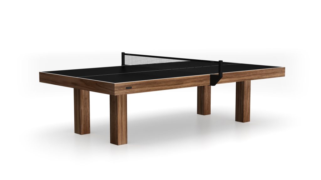 The Malibu Ping Pong Table boasts a sleek black surface, sturdy wooden frame and legs, and a central net attachment, all showcased against a white backdrop.