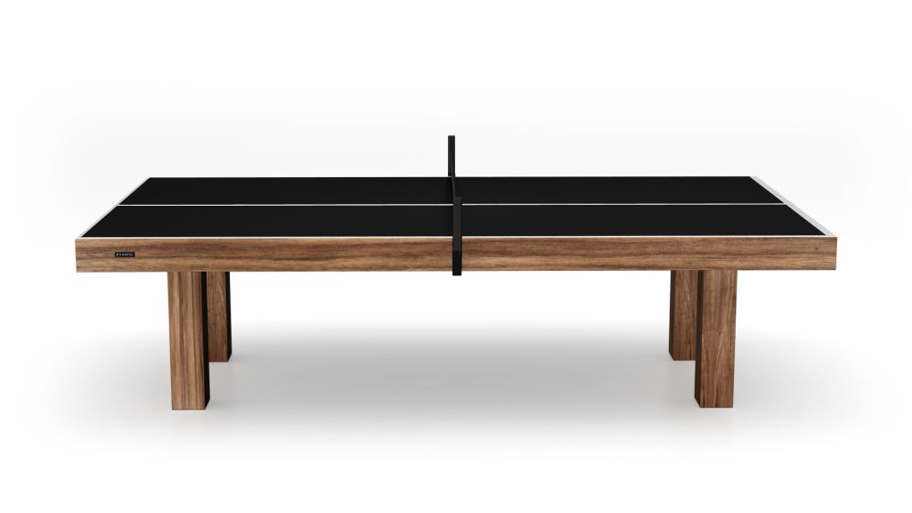 The Malibu Ping Pong Table boasts a luxurious design with a sleek black surface and polished wooden legs. Its centered net adds to the contemporary style, making it an exquisite piece against a plain white background.