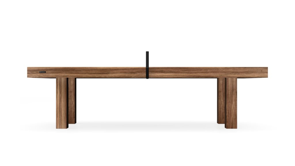 The Malibu Ping Pong Table is a luxury wooden piece with a sleek, minimalist Malibu-inspired design, featuring a central dark vertical line. It stands against a plain white background, highlighting its simple yet elegant structure—a masterpiece ready for ping pong.