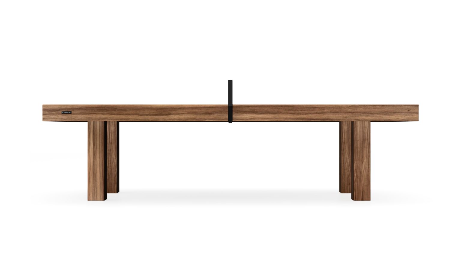 The Malibu Ping Pong Table is a luxury wooden piece with a sleek, minimalist Malibu-inspired design, featuring a central dark vertical line. It stands against a plain white background, highlighting its simple yet elegant structure—a masterpiece ready for ping pong.