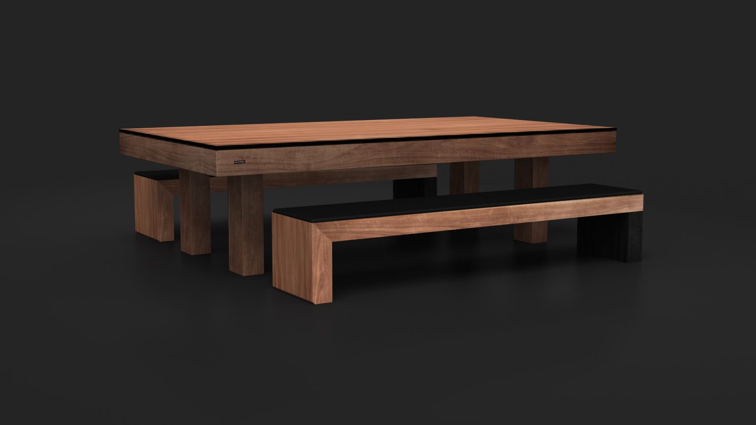 The modern dining set includes a sleek, rectangular table and a Luxury Malibu Bench made of wood with black accents. The stylish benches perfectly complement the table, all set against a dark background.