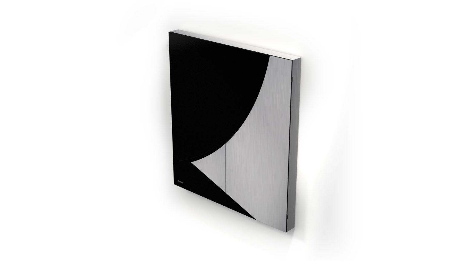 The Phaedra Cue Rack is a luxury rectangular wall-mounted device with a sleek black and metallic design featuring geometric patterns. Its glossy finish reflects light, enhancing its elegance, while the plain white background accentuates its minimalist storage aesthetic.