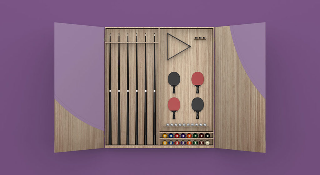 The Phaedra Cue Rack, an elegant wooden cabinet, stands open against a purple backdrop. It houses cue sticks, a pool triangle, table tennis paddles, and various game balls— all meticulously organized for the discerning player.