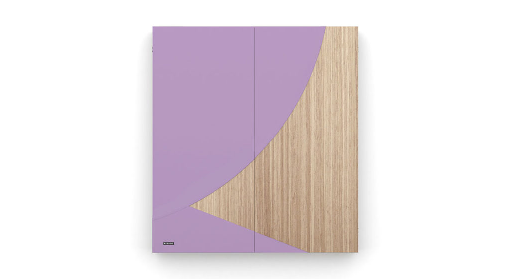 The Phaedra Cue Rack features a minimalist two-door design with modern geometry: the left door is purple with a semi-circle motif, and the right door boasts a light wood finish, capturing contemporary elegance.