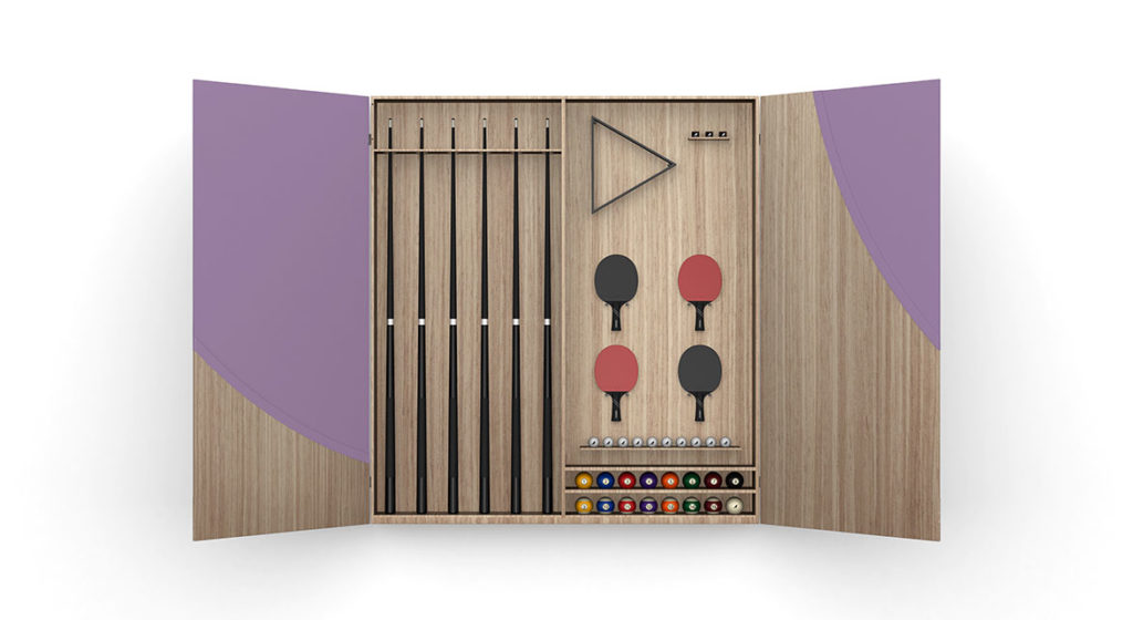 The Phaedra Cue Rack, wall-mounted with elegant lavender-accented doors, reveals neatly arranged billiard cues and balls, table tennis paddles and balls, and a triangle rack, perfectly complementing the luxury game tables nearby.
