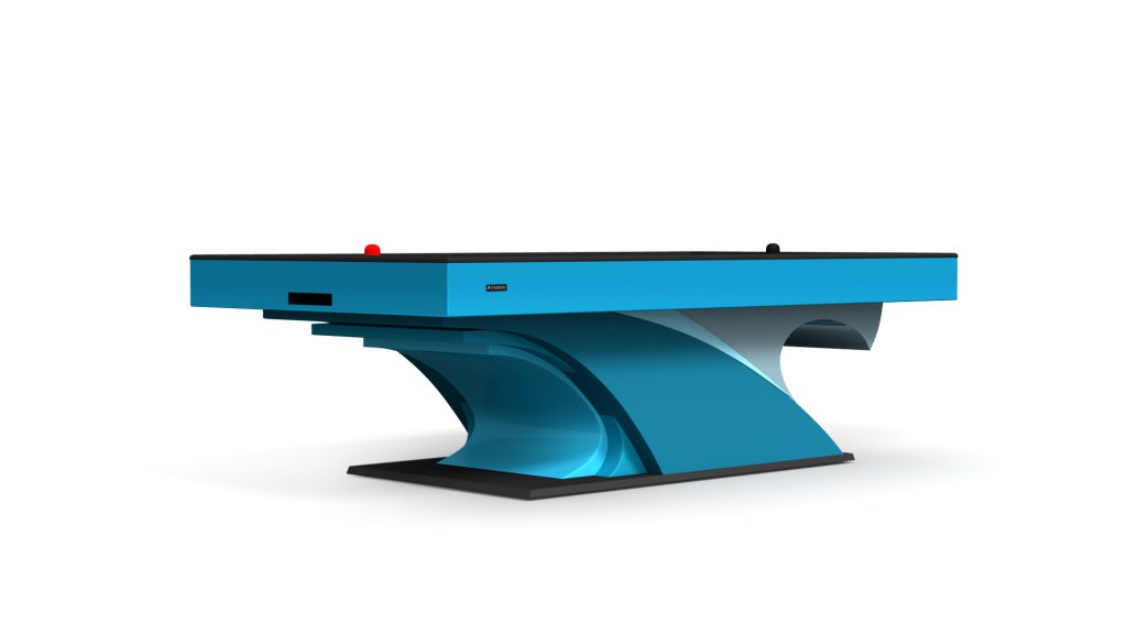 A stylish, modern table tennis table in bright blue features a sleek, curved design inspired by the luxury Poseidon Air Hockey Table. It has a glossy black tabletop and rests elegantly on a flat base.