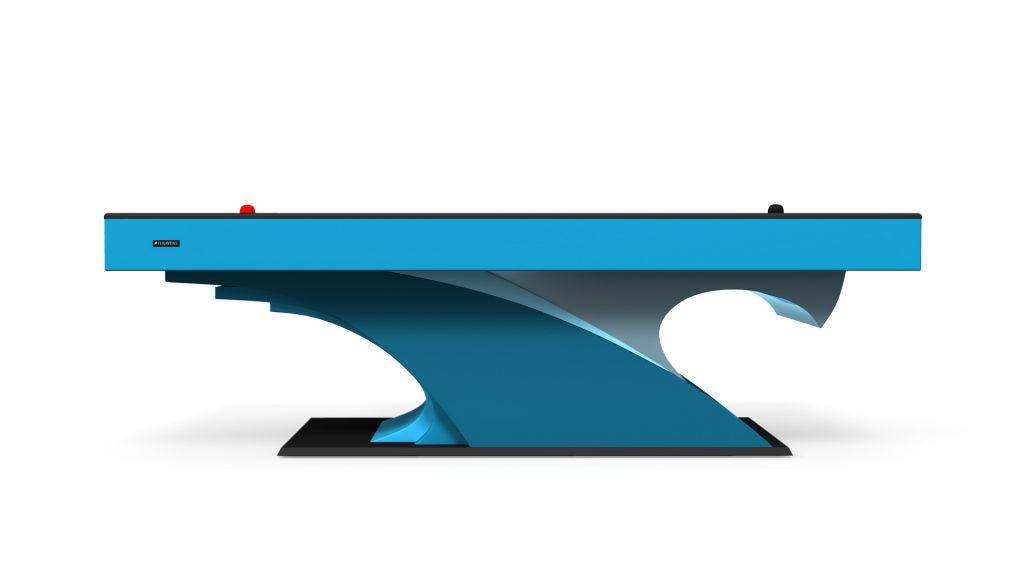 A contemporary blue pool table with a sleek, curved design on a black base, similar to the stylish Poseidon Air Hockey Table, viewed from the side.