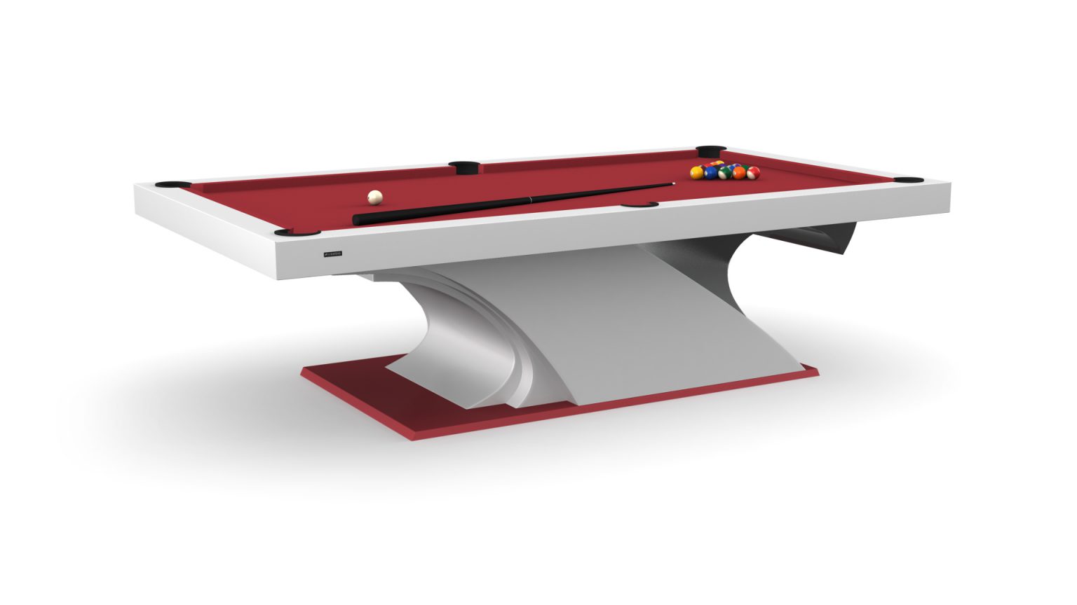 The Poseidon Pool Table features a sleek curved base and stands on a red platform. Its rich red cloth surface, paired with colorful billiard balls and a cue stick on top, embodies style and sophistication.