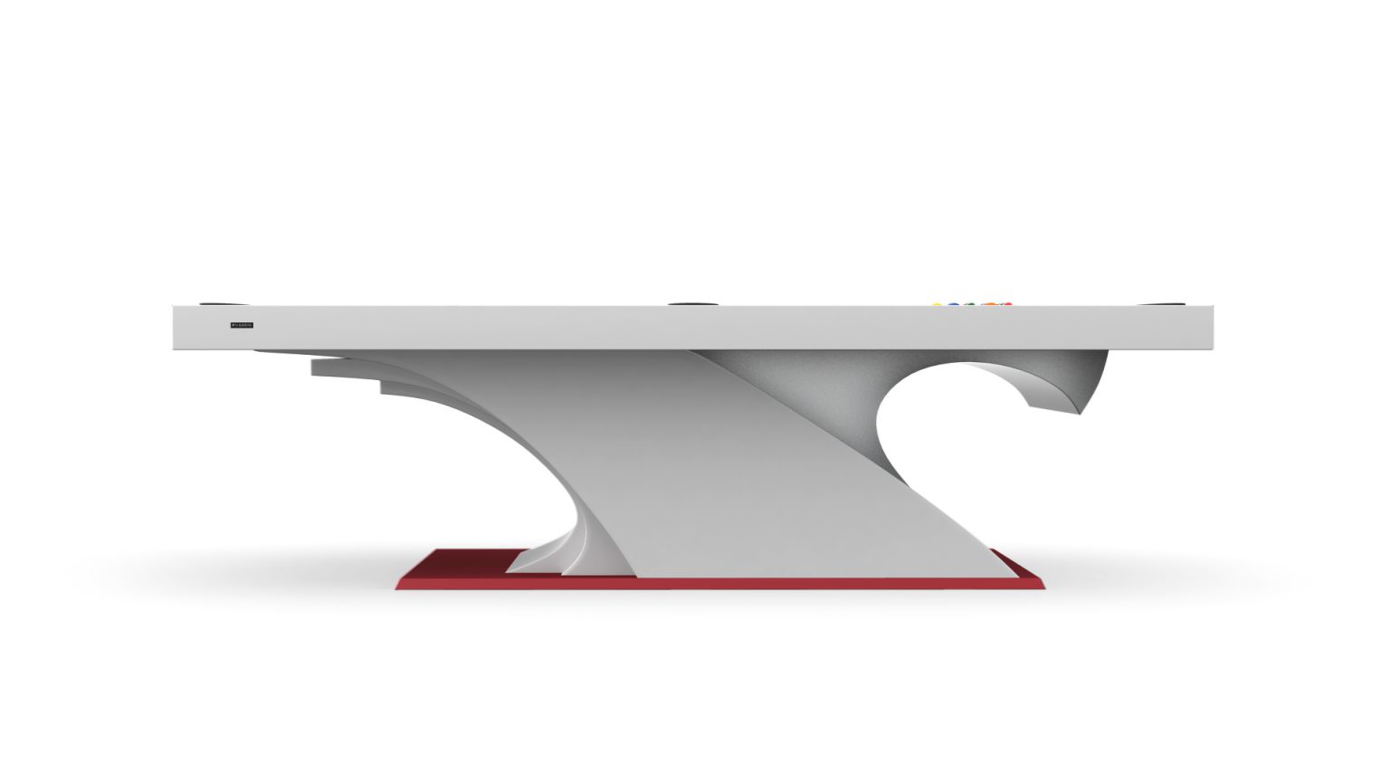 Elevate your space with our luxe ping pong table, inspired by the Poseidon Pool Table. It features a sculptural base, eye-catching red platform, and a white surface adorned with colorful accents on one end for a minimalist flair.