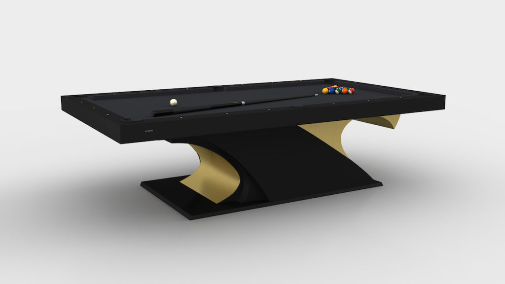 The Poseidon Pool Table is a luxurious game table with a sleek black and gold design, featuring billiard balls and a cue on its surface. Its artistic base enhances the contemporary look, making it an exquisite addition to any sophisticated space.