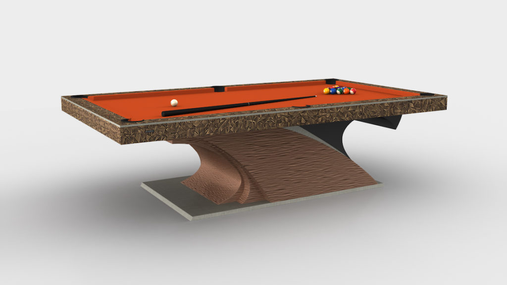 The Poseidon Pool Table features a luxury design with an ornate, textured border and unique curved wooden support, an orange playing surface with balls and cue stick, gracefully resting on a gray-brown base—epitomizing luxury game tables.
