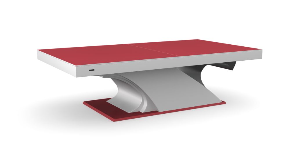 The Poseidon Convertible Pool, Dining, and Ping Pong Table boasts a modern red playing surface that contrasts beautifully with its sleek gray base featuring an angular wave-like structure, effortlessly transforming between functions for a contemporary aesthetic.