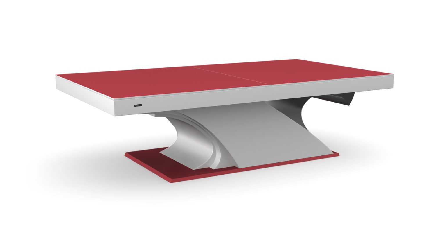 The Poseidon Convertible Pool, Dining, and Ping Pong Table boasts a modern red playing surface that contrasts beautifully with its sleek gray base featuring an angular wave-like structure, effortlessly transforming between functions for a contemporary aesthetic.