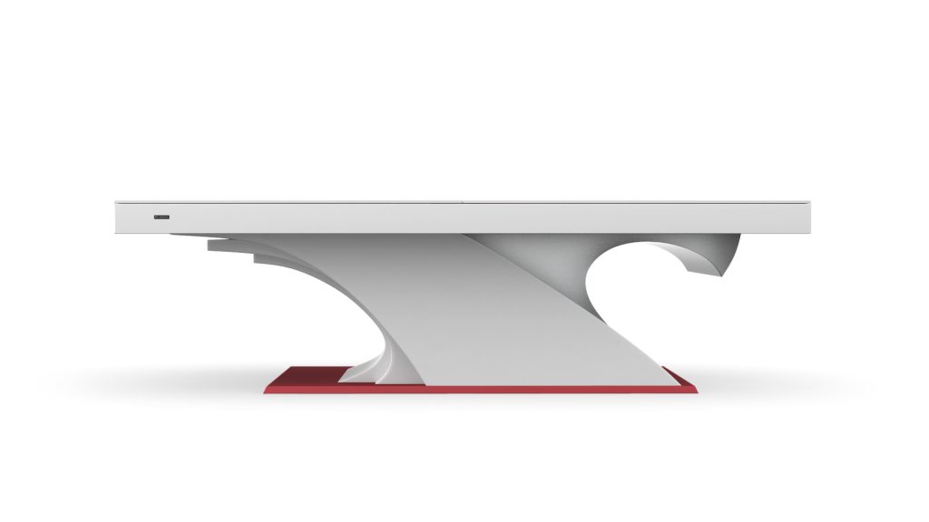 The Poseidon Convertible Pool/Dining/Ping Pong Table features a sleek design with a wave-like base. Predominantly white, it has a striking red base platform, offering a minimalist and artistic look that seamlessly integrates function with contemporary style.