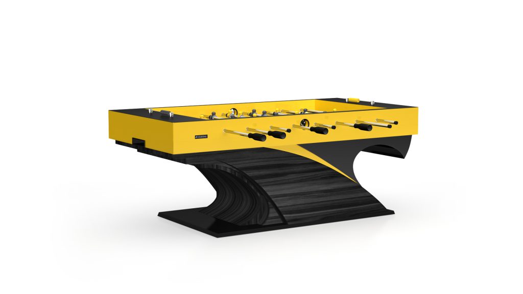 Meet the sleek Poseidon Foosball Table, a modern marvel with a black and yellow palette. It boasts a distinctive curved base, four rods per side with black handles, and vivid yellow and black player figures for an elegant gaming experience.
