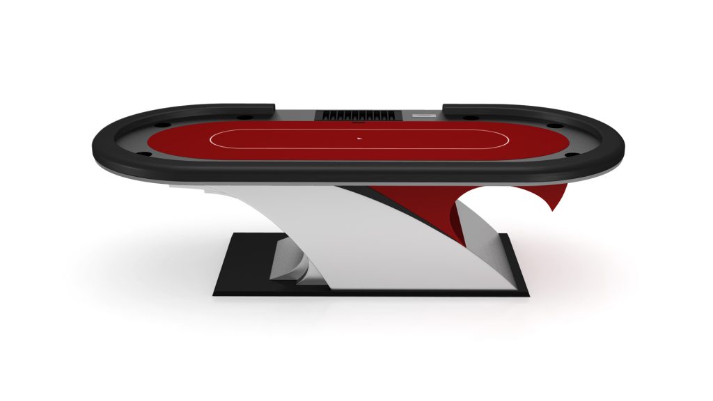 Meet the Poseidon Oval Poker Table: a sleek, modern design with rich red felt and a black-and-white pedestal base. Features include card slots and cup holders, perfect for an upscale game night.