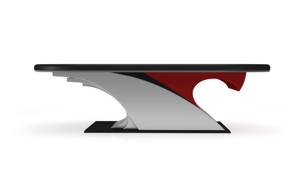 A modern, artistic table with a sleek black top and a uniquely shaped base adorned with white, red, and black accents. Similar to the Luxury Poseidon Oval Poker Table, its wave-like base offers an eye-catching aesthetic that enhances any space.