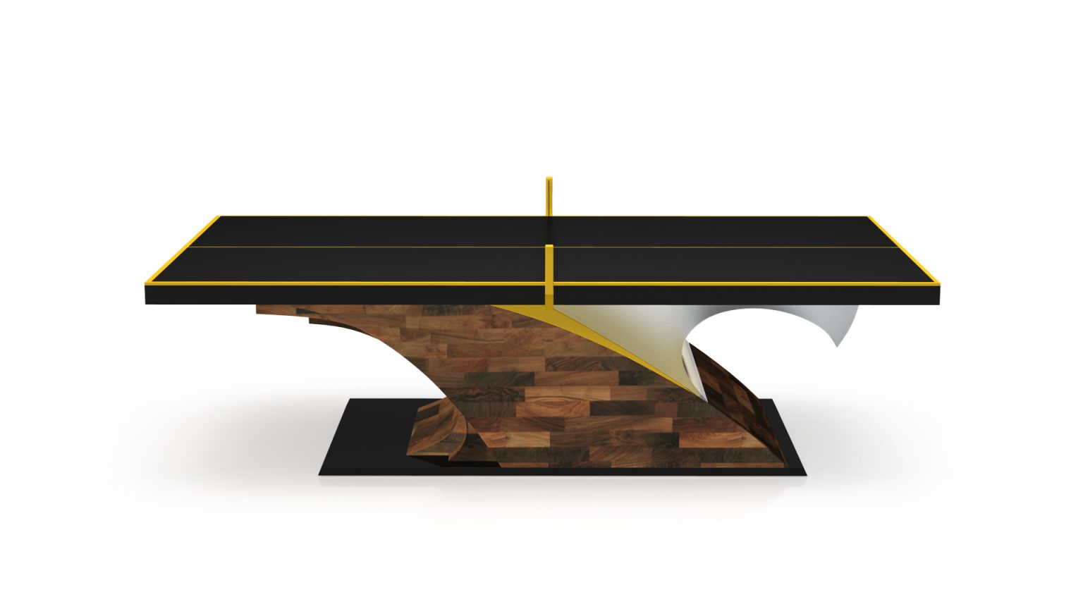 Introducing the Poseidon Ping Pong Table: a contemporary work of art featuring a sleek black top with vibrant yellow lines, a unique artistic base with wooden panels, curved white and gold accents, all elegantly resting on a sturdy black platform.