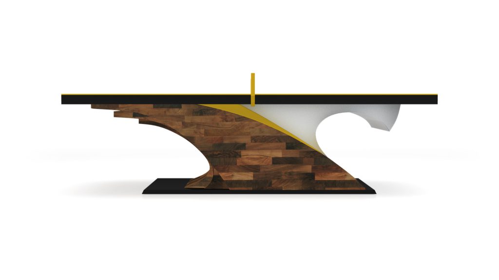 This modern luxury Poseidon Ping Pong Table features a unique wave-like base design. Its black tabletop is accented by a striking yellow center line and supported by a mixed wood tone base with geometric shapes, seamlessly blending elegance with artistic flair.