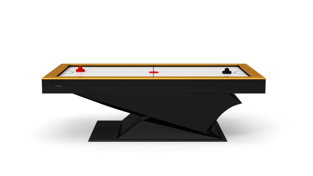 Introducing the Raven Air Hockey Table, a sleek blend of modern style with a black base and light playing surface, featuring a red striker and puck on one side and an elegant black striker on the other.